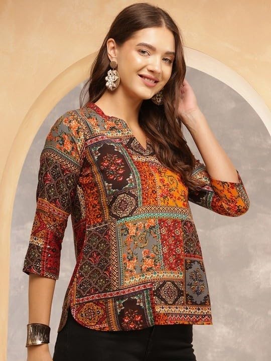 Image of Women's Cotton Printed Short Kurti, Round Neck, Three Quarter Sleeve, Straight Fit, Pack of 2