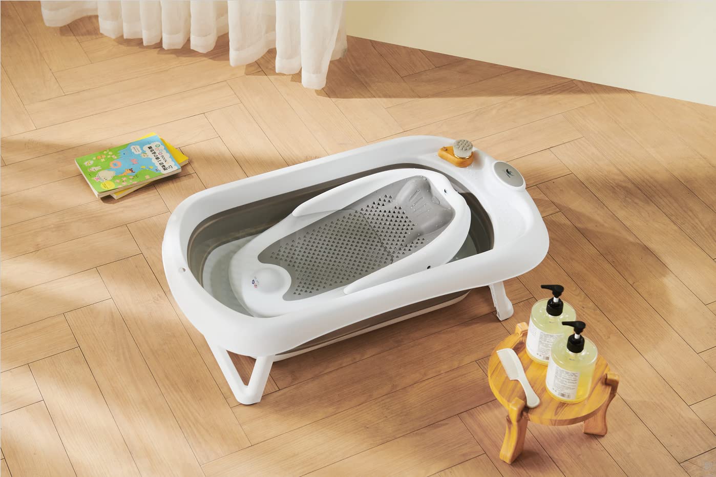 Bañera Plegable para Bebés, 81 x 48 x 24 cm, con Cojín de Apoyo, Alfombrilla de Asiento y Bandeja de Ducha para Recién Nacidos (Gris)