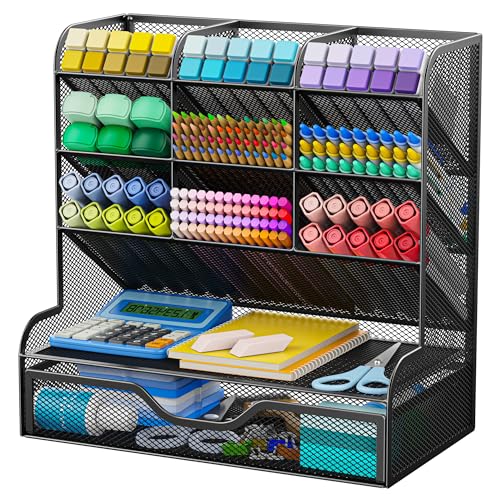 APH02 Multi-Functional Pen Pencil Holder, Desk Organizer with Drawer, Office & Art Supplies Storage，Large Size (Black) image 2