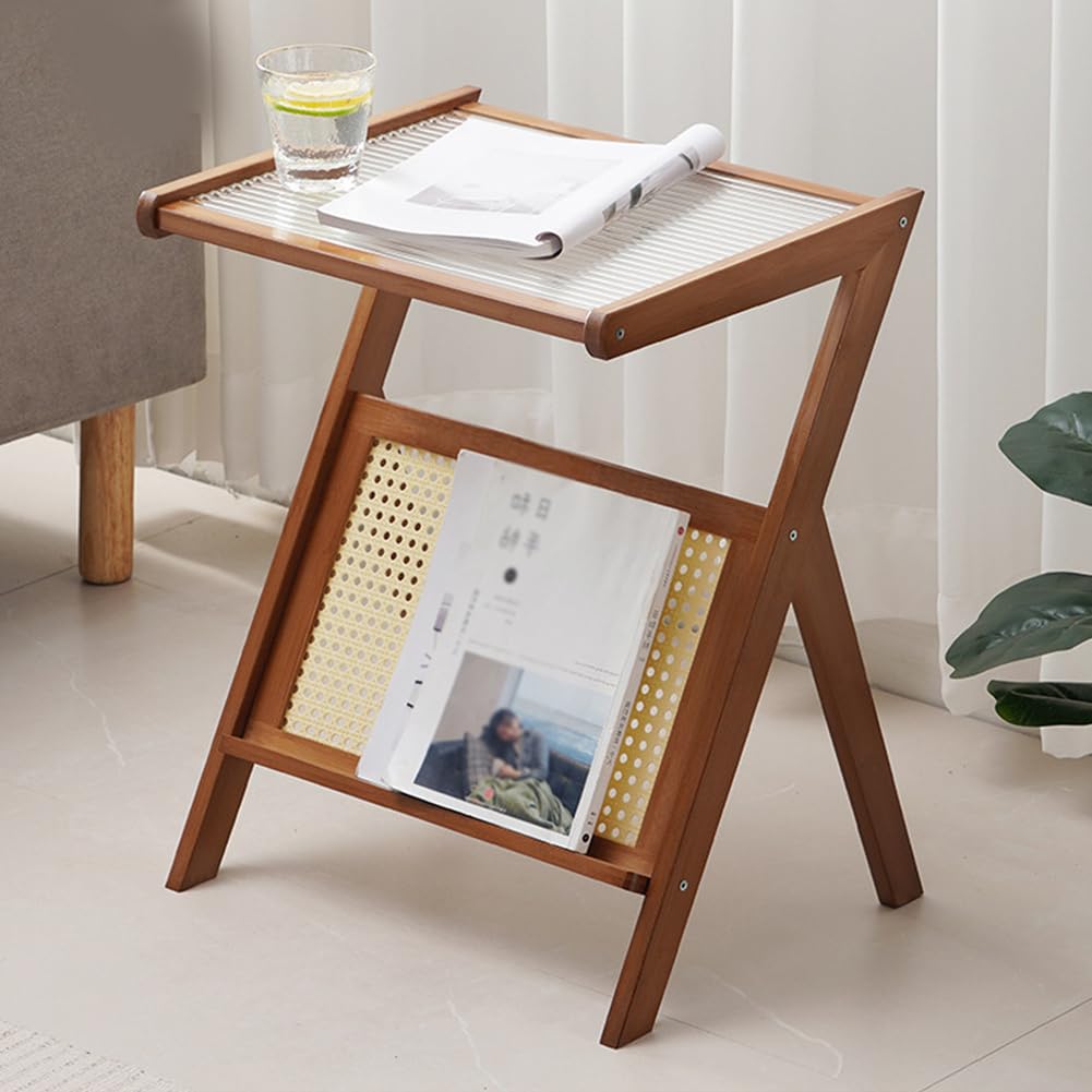 SXZenSpace Tempered Glass Snack Side Tables with Bamboo Rattan Frame, Modern End Table Storage Shelf,Couch That Slide under for Small Space,Living Room,brown,A