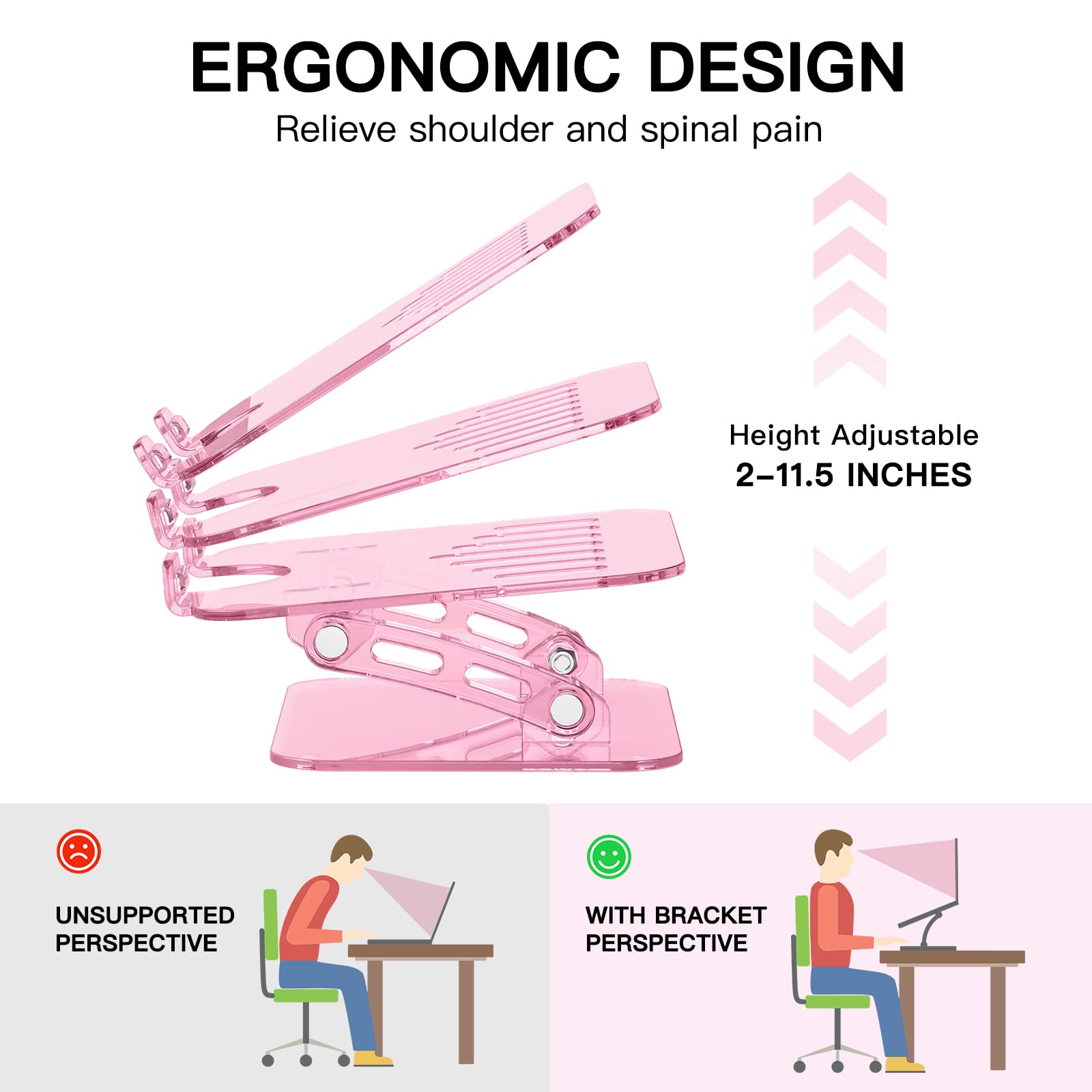 HEWYIOS Pink Acrylic Adjustable Laptop Stand,Adjustable Height Foldable Laptop Riser for Desk, Clear Portable Laptop Holder Ergonomic Computer Stand for Laptop,Compatible with 10-17.3” Laptops (Pink)