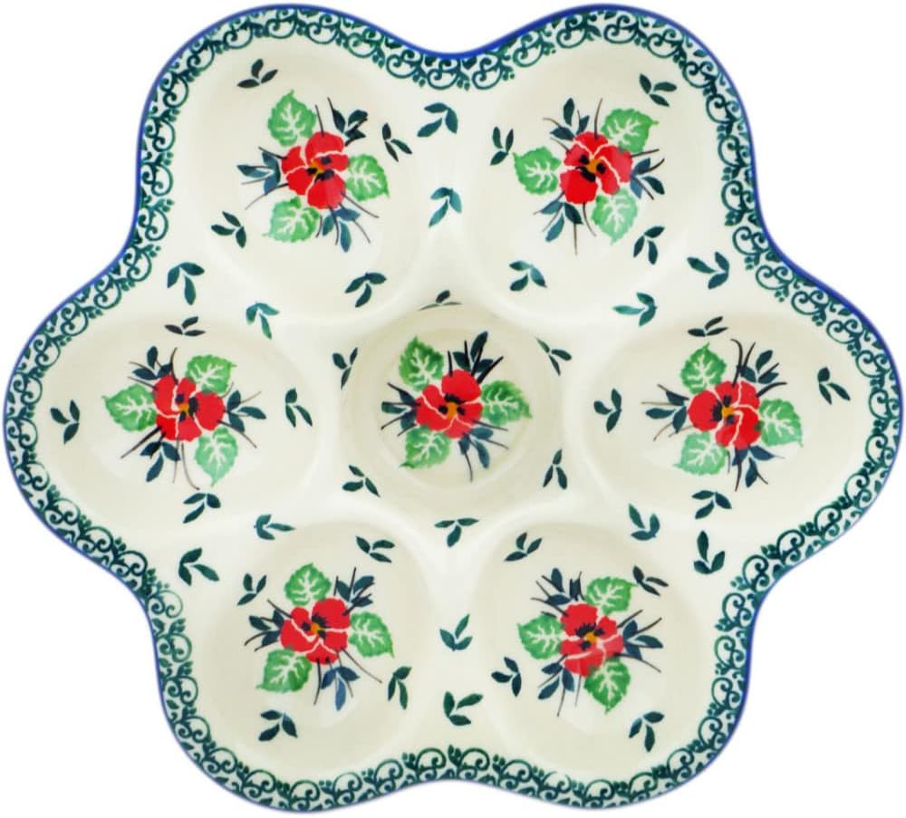 Polmedia Polish Pottery Egg Plate - Red Pansy Pattern Handmade in Boleslawiec Poland by Ceramika Artystyczna + Certificate of Authenticity