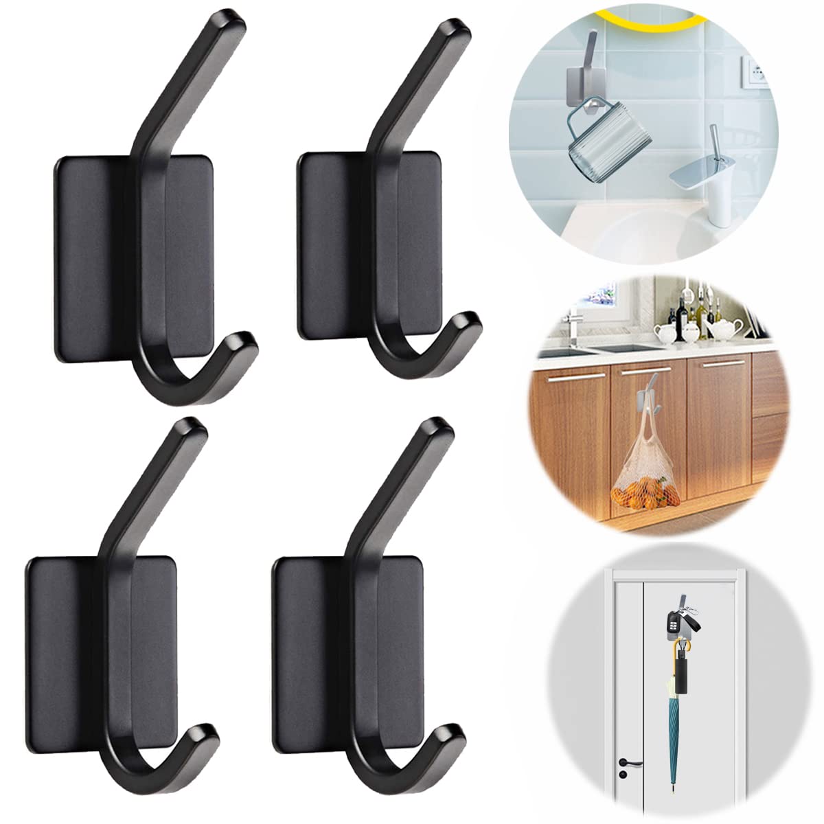 pubchem 4 Packs Stainless Steel Self Adhesive Hooks, Coat Hooks Wall Mounted,Heavy Duty Wall Door Hooks Home Bath Towel Hooks,for Bathroom Stainless Steel Waterproof,Kitchen Cutlery Hook(Black)