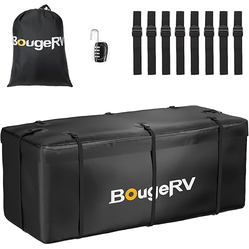 BougeRV Hitch Cargo Carrier Bag with Lock Waterproof Soft Shell 20 Cubic Feet (59" 24" 24") Cargo Bag for Hitch Carrier Include 8 Reinforced Straps for Truck Pickup RV All SUV with Hitch Cargo Basket