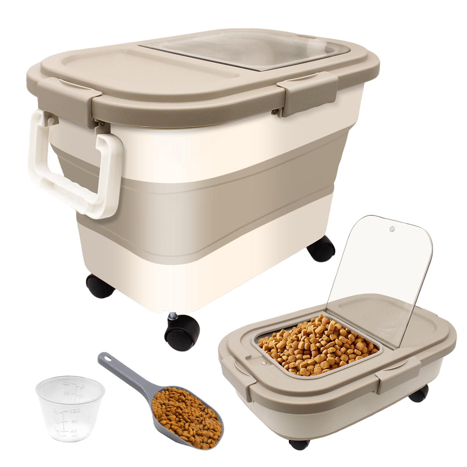 Conteneur à Croquettes pour Chien et Chat, Capacité 7-10 kg, Boîte de Stockage Pliable avec Roues, Cuillère et Tasse à Mesurer, Rangement Aliments Secs, Beige Kaki