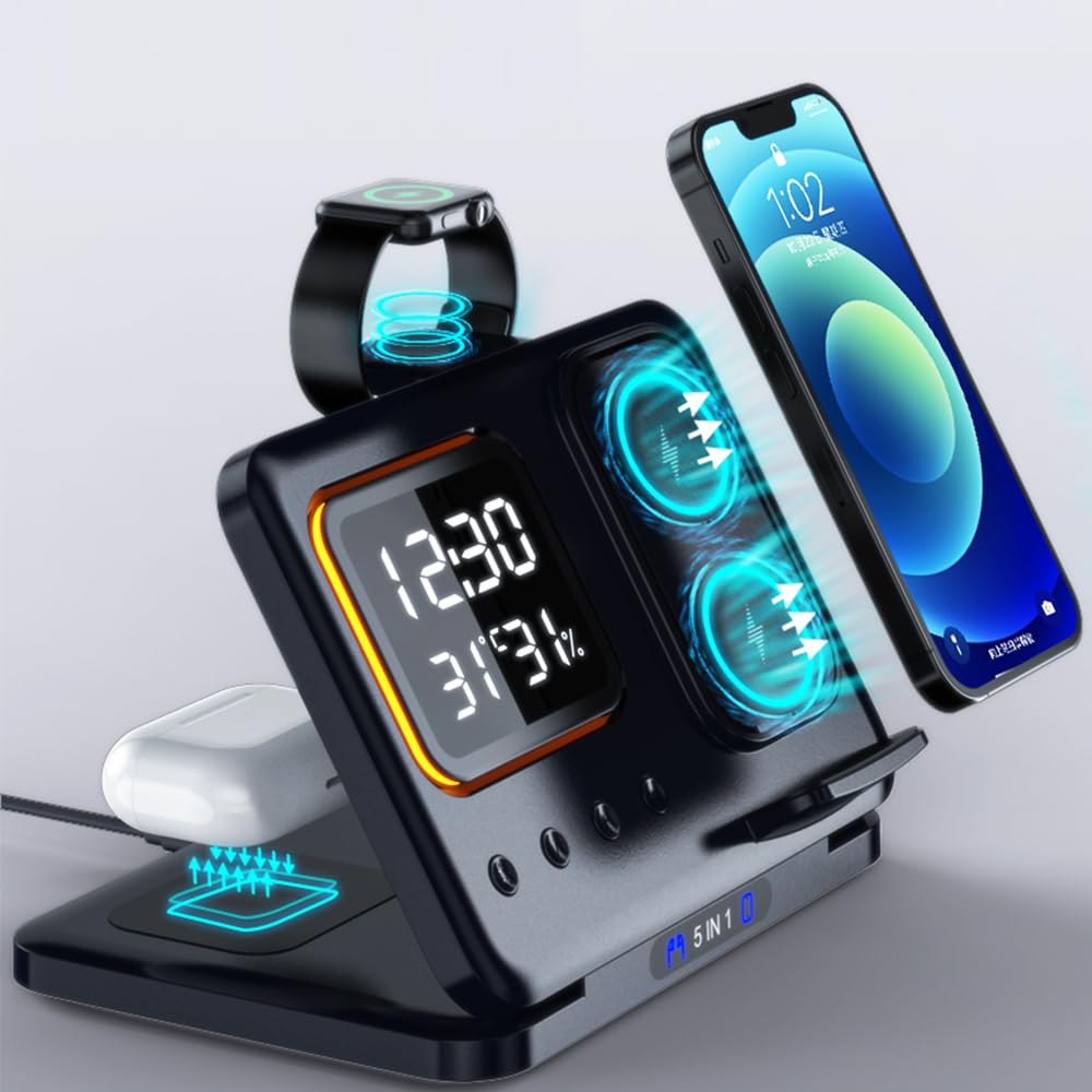 Photo 1 of IHAO 5in1 Multi Functional Wireless Charging Station Digital Clock 15W Fast Charging Temperature Display Wireless Charger for All Qi Phone and TWS Headphone Compliant with Apple Watch-DH15 Black