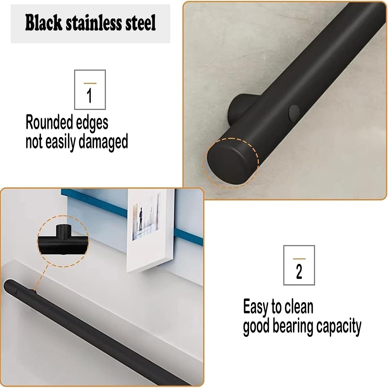 Barandillas de metal negro antideslizantes para escaleras de interior/exterior, barandilla segura para personas mayores y niños, 400 cm (13.1 pies) barra de seguridad montada en la pared