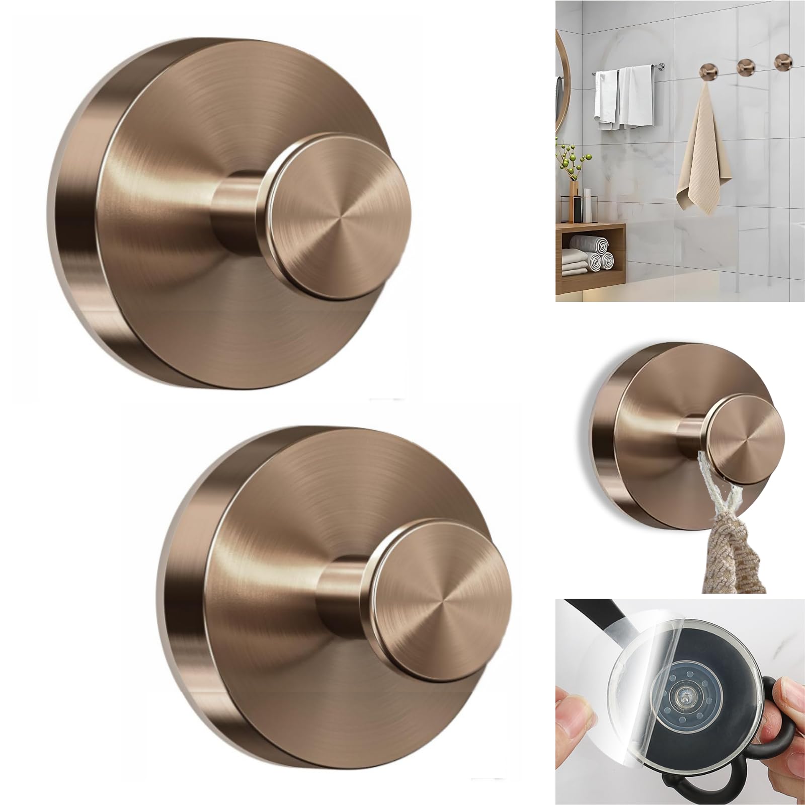 Boxonly No-Drill Suction Hooks, Stainless Steel Waterproof Hooks for Bathroom, Shower, Kitchen, and Mirrors – Heavy Duty Towel Holders (Multipack, Rose Gold)