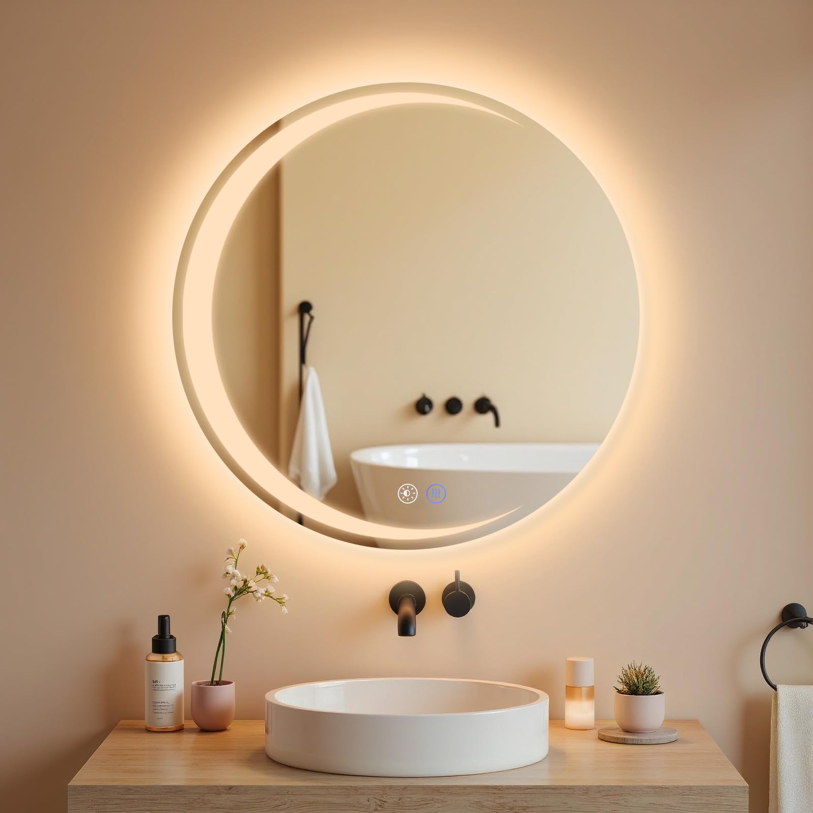 Badezimmer Spiegel mit Beleuchtung,60 cm Rund LED Bad Wandspiegel
