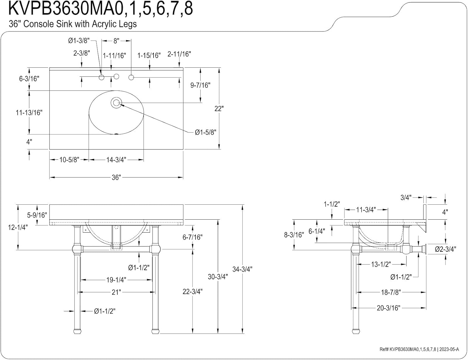 Kingston Brass KVPB3630MA8 Templeton 36" x 22" Carrara Marble Vanity Top with Clear Acrylic Console Legs, Carrara Marble/Brushed Nickel