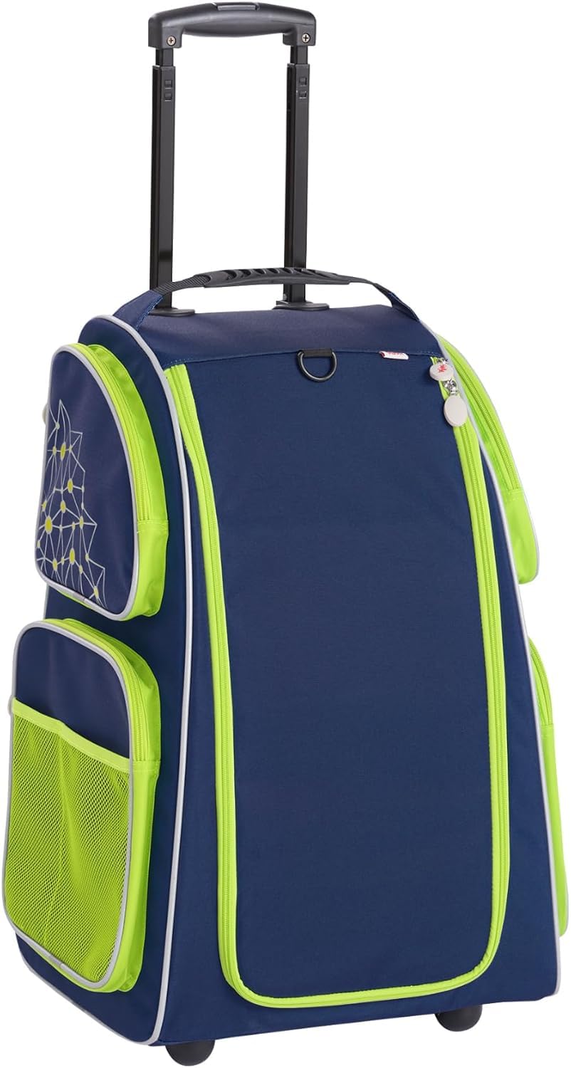 HABA Kinder-Schranktrolley Dunkelblau mit 2 Rollen – Kinderkoffer aus recyceltem Polyester mit Schmutzwäschebeutel, 3 herausnehmbaren Böden und 4 Reißverschluss-Außentaschen – 2012725001