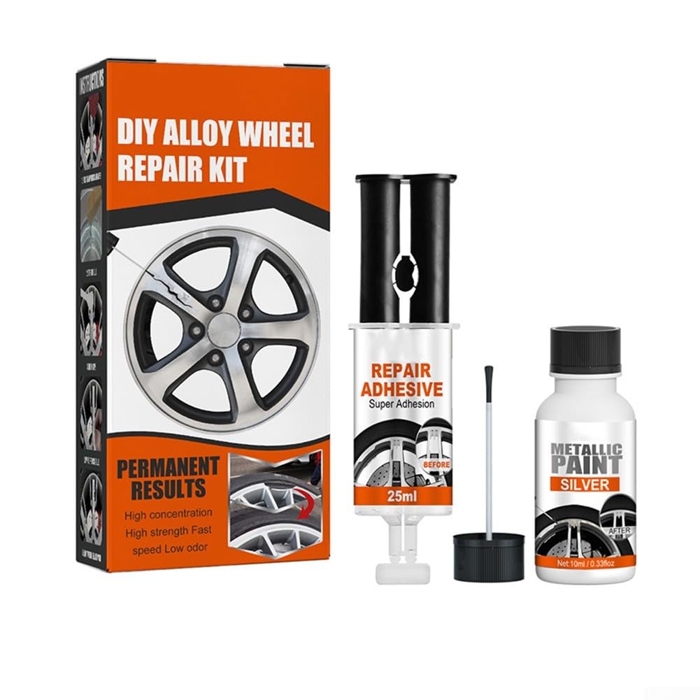 15-Piece DIY Kerb Rash & Scratch Fix with Repair glue Silver paint Brush, Alloy Wheel Repair Kit, For Alloy Wheel Repair Kit Quick Fix for Scratched and Damaged Aluminum, or Steel Wheels