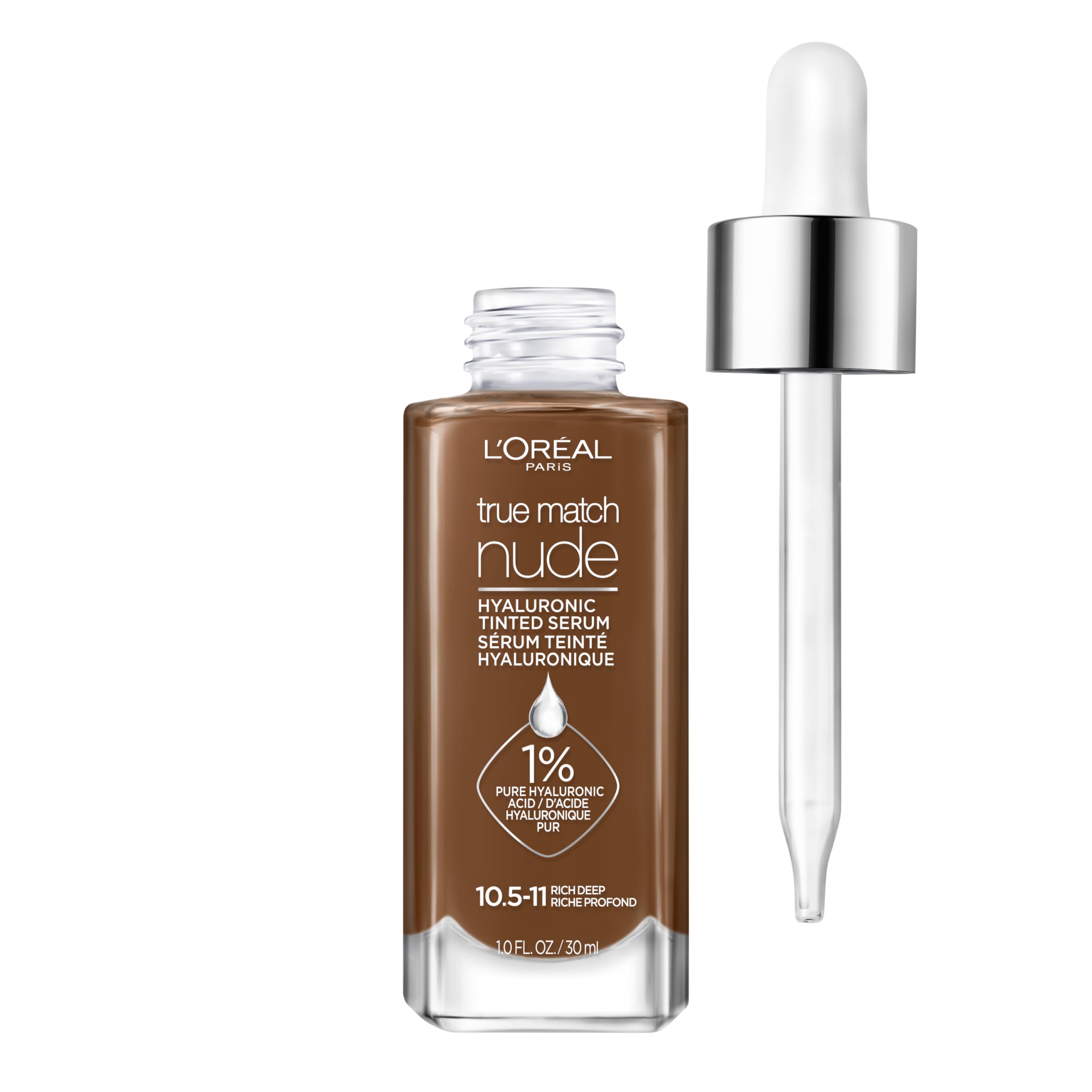 L'Oreal Paris True Match Nude Hyaluronic Tinted Serum Foundation with 1% Hyaluronic acid, Rich Deep, 1 fl. oz.