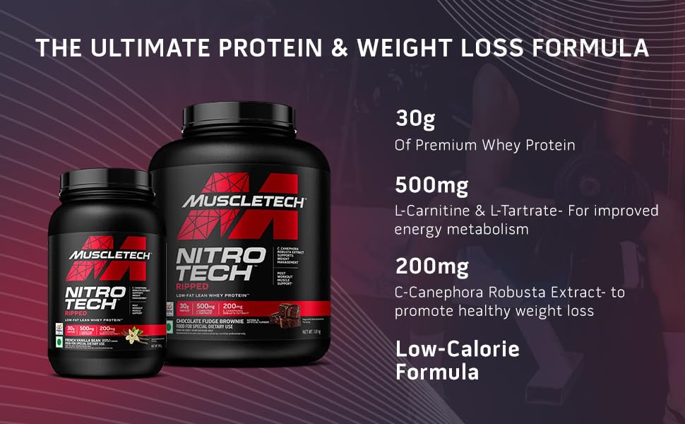Image of MuscleTech Nitrotech Ripped,907G (2Lbs),Chocolate Fudge Brownie,Low Fat Lean Whey Protein,+ Weight Management,30G From Whey Protein,500G (L-Carnitine & L-Tartrate),200Mg C