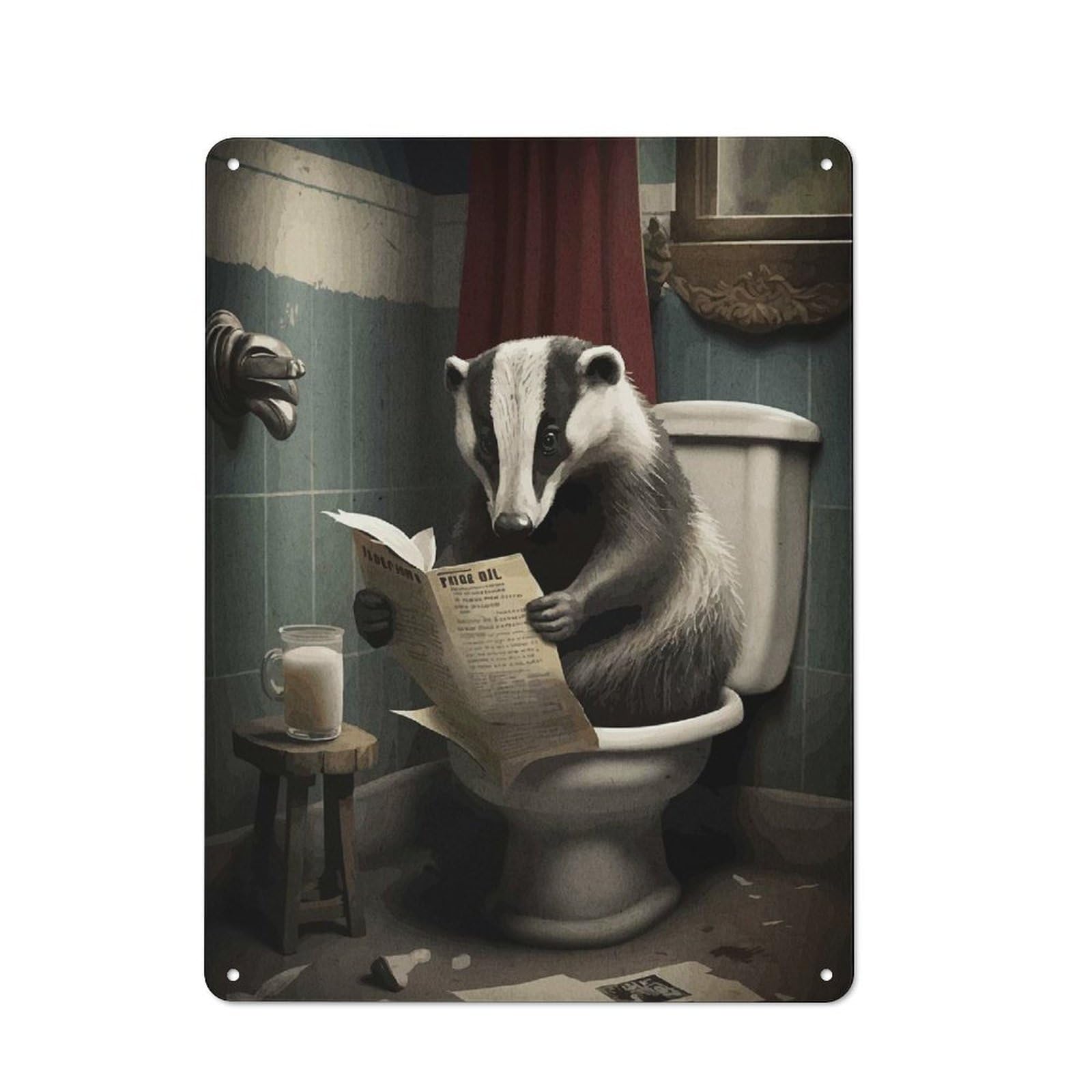 Junmoney Badger Reading On Toilet 40X30cm Rustic Tin Sign With For Garage Or Workshop, For Vintage Wall Decor Fans, For Kitchen And Home Bar Decor
