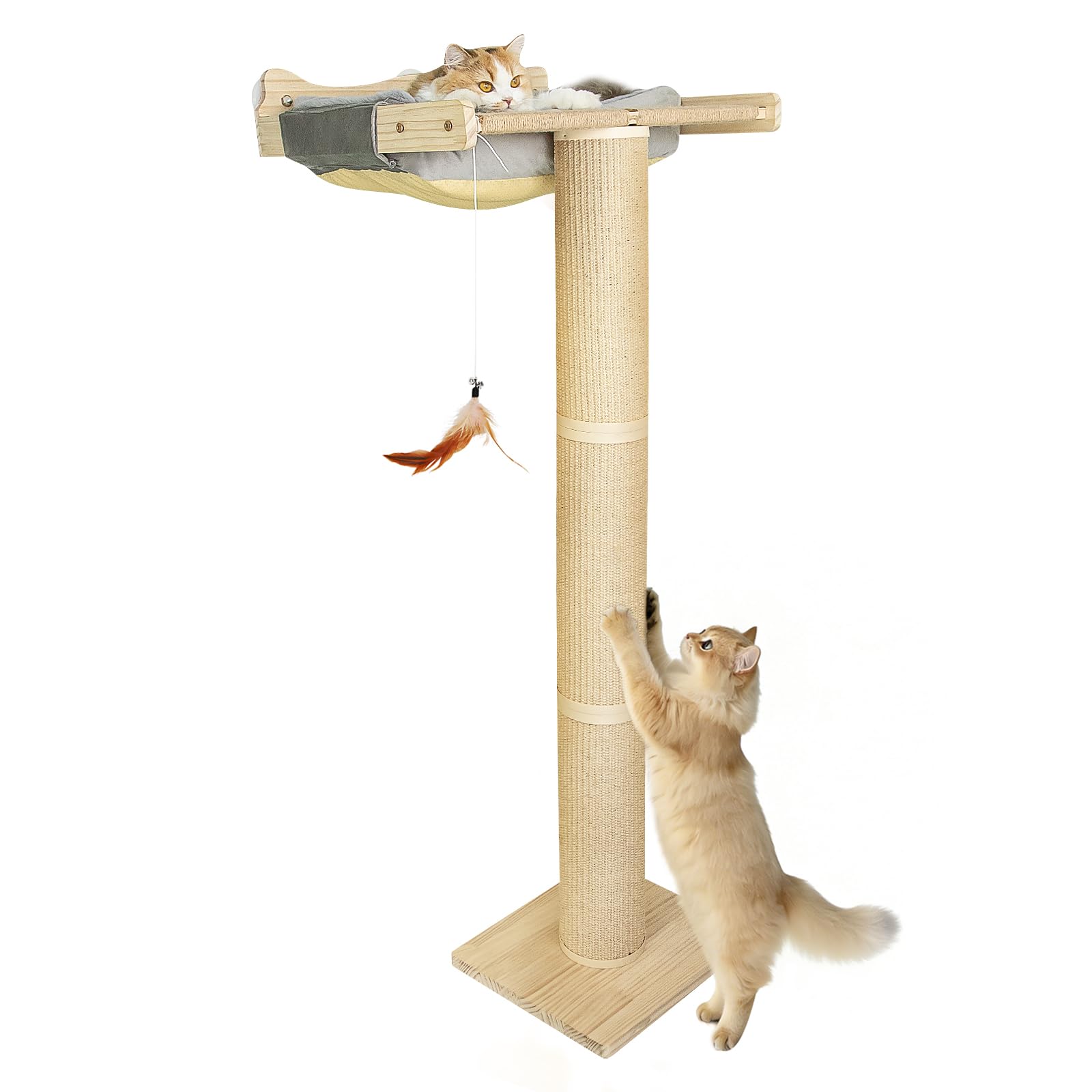 Cat Window Perch Hammock with 3-Piece Detachable Roman Column Sisal Scratching Posts, Gray Fluffy Cusion, Drill-Free Suction Cup Mount, Extra Large for Large Cats &amp; Maine Coons, 60 LBS Capacity