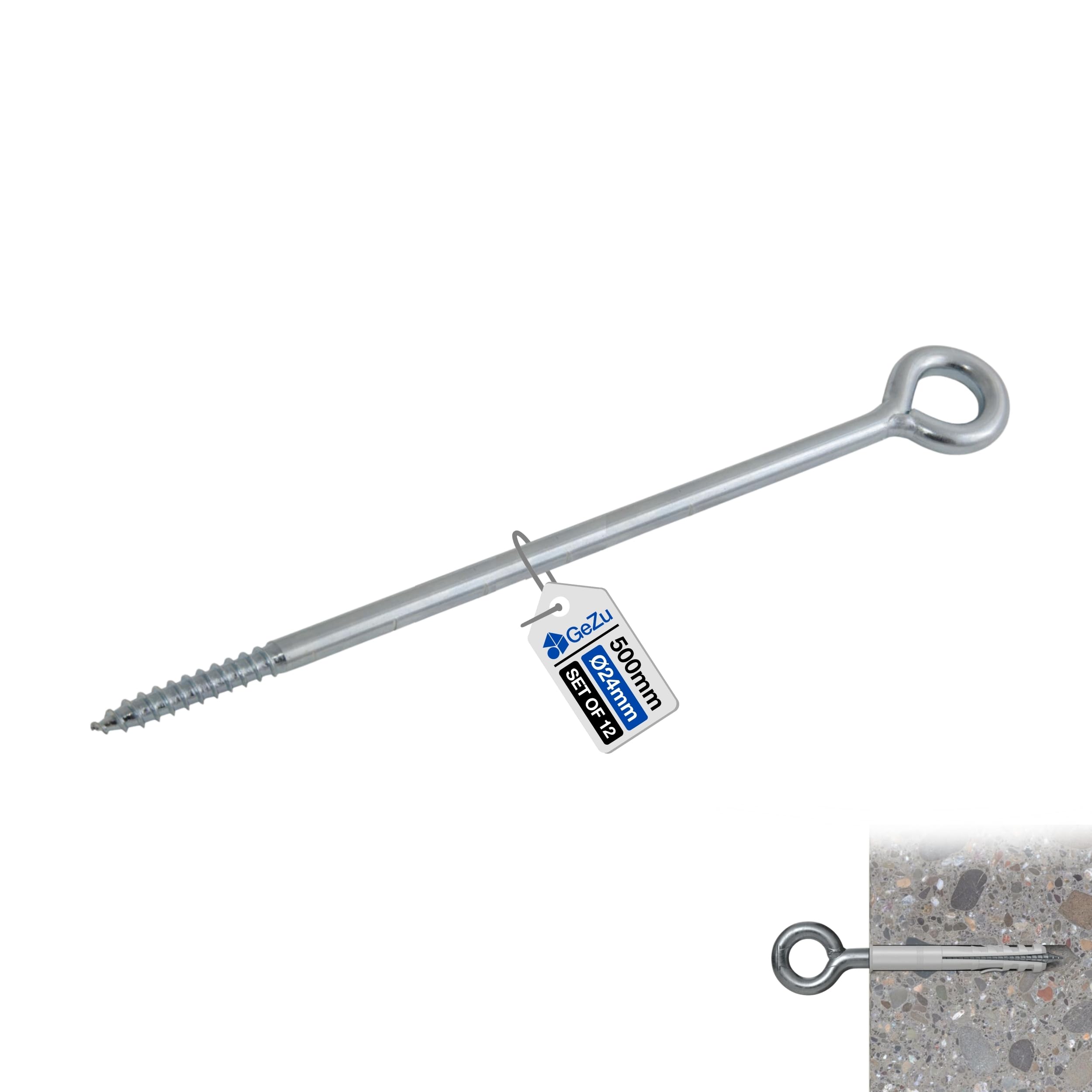 GeZu Impex Eye Bolt 450 mm Galvanised Set of 12 Eye screws hooks heavy duty screw in
