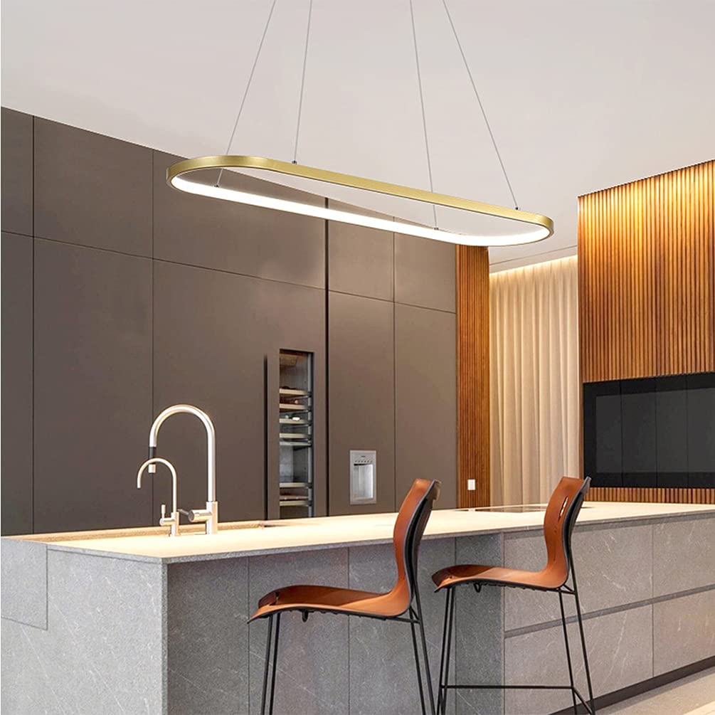 Nowoczesna lampa wisząca do jadalni LED, przyciemniana, złota, lampa wisząca owalna, żyrandol z regulacją wysokości z pilotem zdalnego sterowania, 54W, lampa wisząca do jadalni, kreatywna, kuchnia