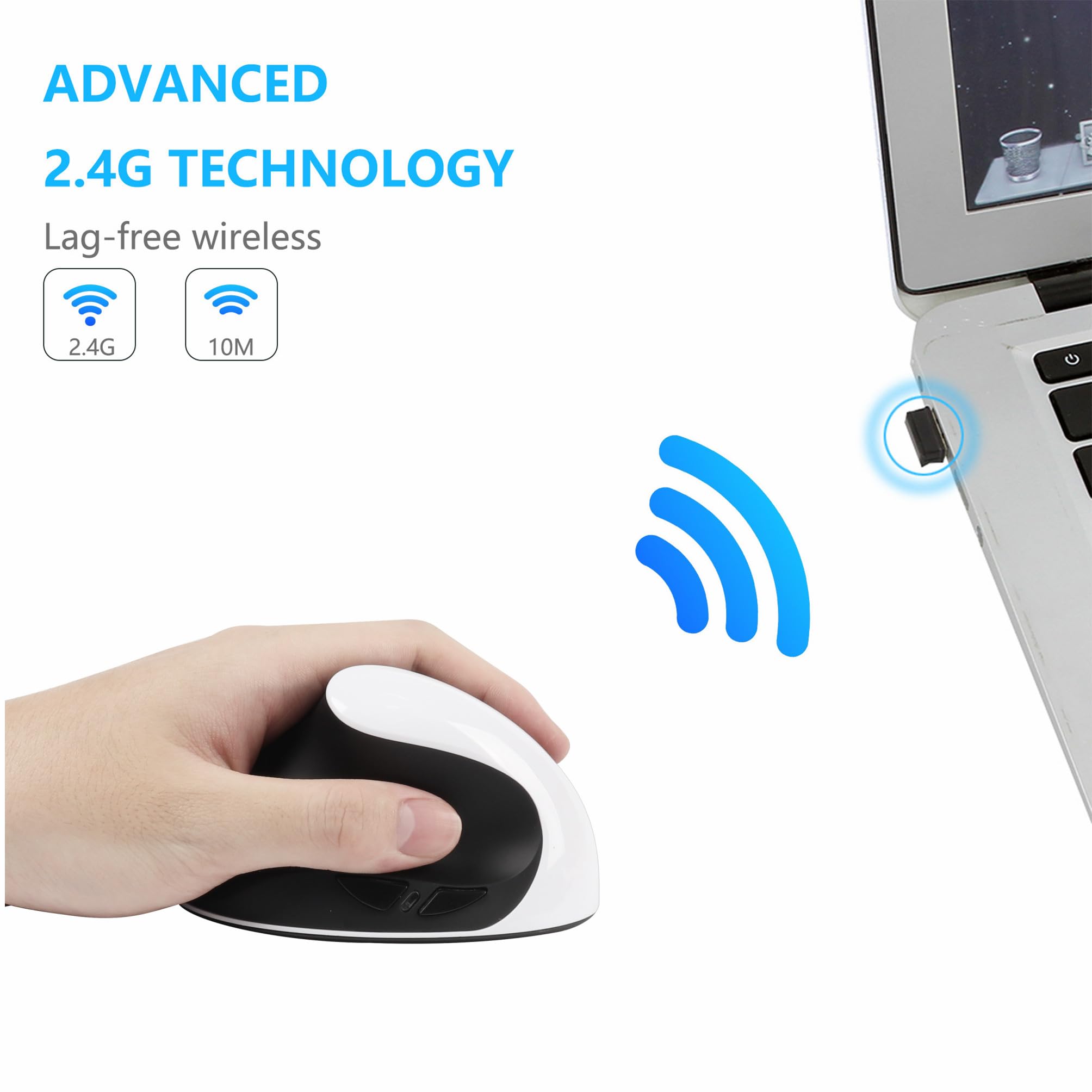 Mouse per mancini, mouse ergonomico verticale ricaricabile 2.4G wireless con ricevitore USB, 6 pulsanti 3 DPI regolabili 800/1200/1600 per computer portatile PC desktop appositamente per