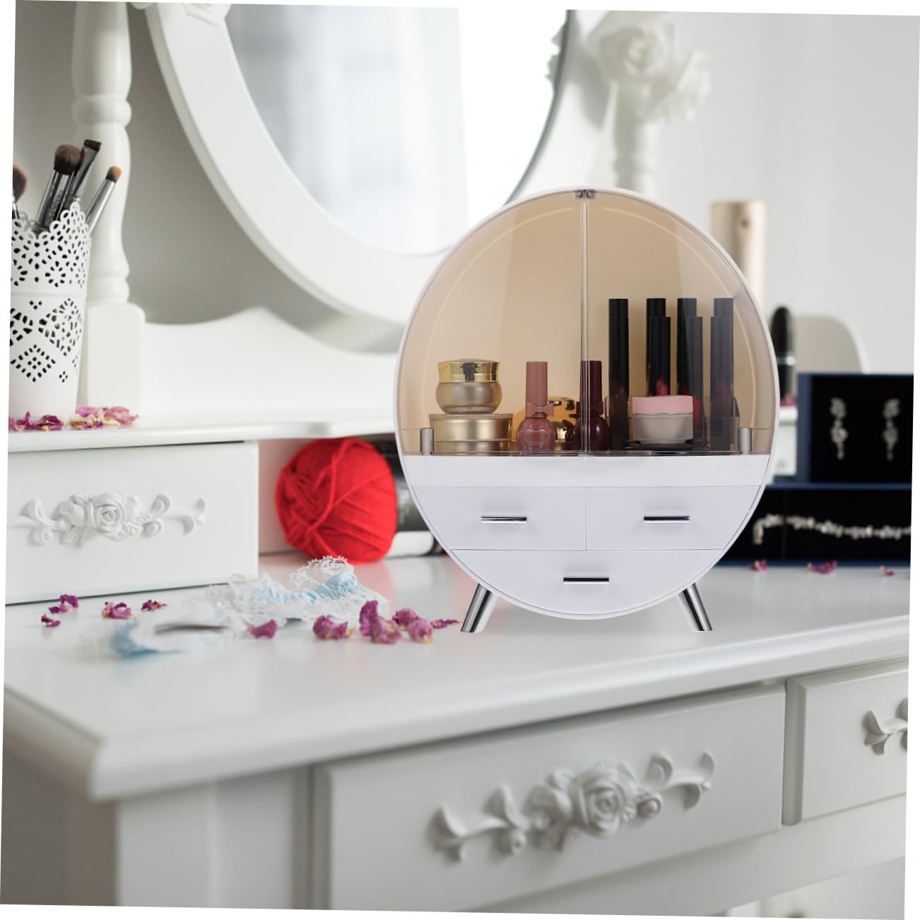 Mikinona Porta Trucchi Rosa in Pc, Cofanetto Makeup Cassetto, Salvaspazio e Antipolvere, Contenitore per Cosmetici e Skincare da Scrivania per Casa