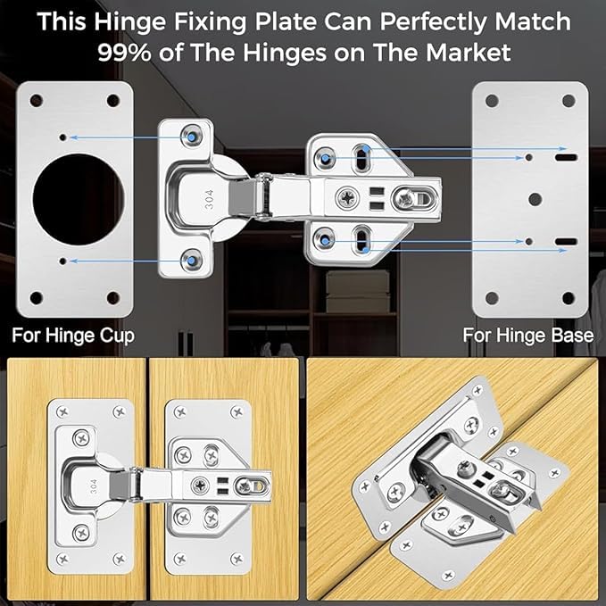 Met Craft Stainless Steel 304 Grade Cabinet Repair Plates with Pre-Punched Holes and Screws I Universal for All Auto Concealed Hinge I for Doors, Cabinets, Cupboard Door, Wardrobes (Silver, 2 Set) 4