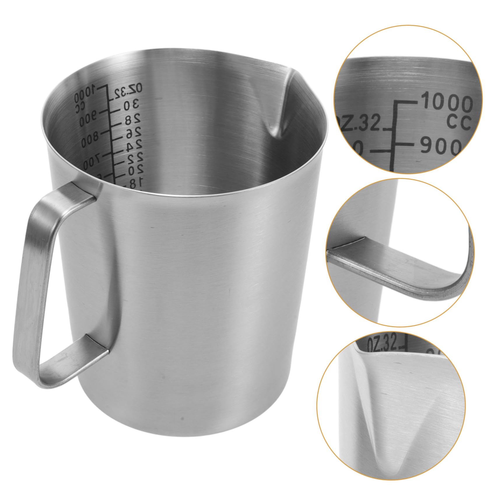 NOLITOY Jarra Taza Medidora para Espumar Leche de Acero Inoxidable Capacidad de 1000ml Asa y Pico Antigoteo Adecuado para Hacer Latte Art y Espresso