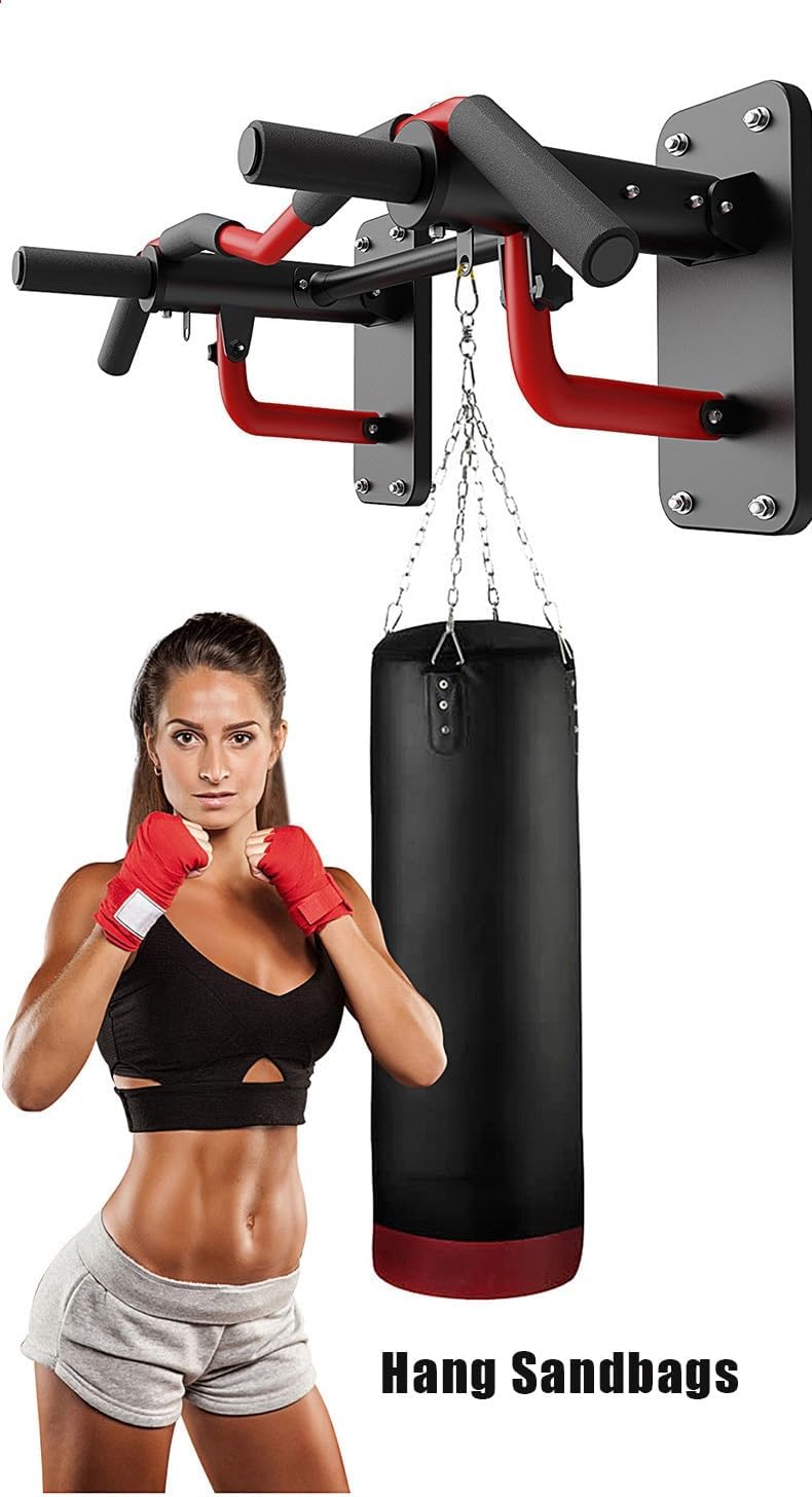 Wall Mounted Pull Up Bar Chin Up Bar Multifunctional Dip Station for Home Gym Workout, Power Tower Training Equipment Fitness Dip Stand 880Lbs Capacity