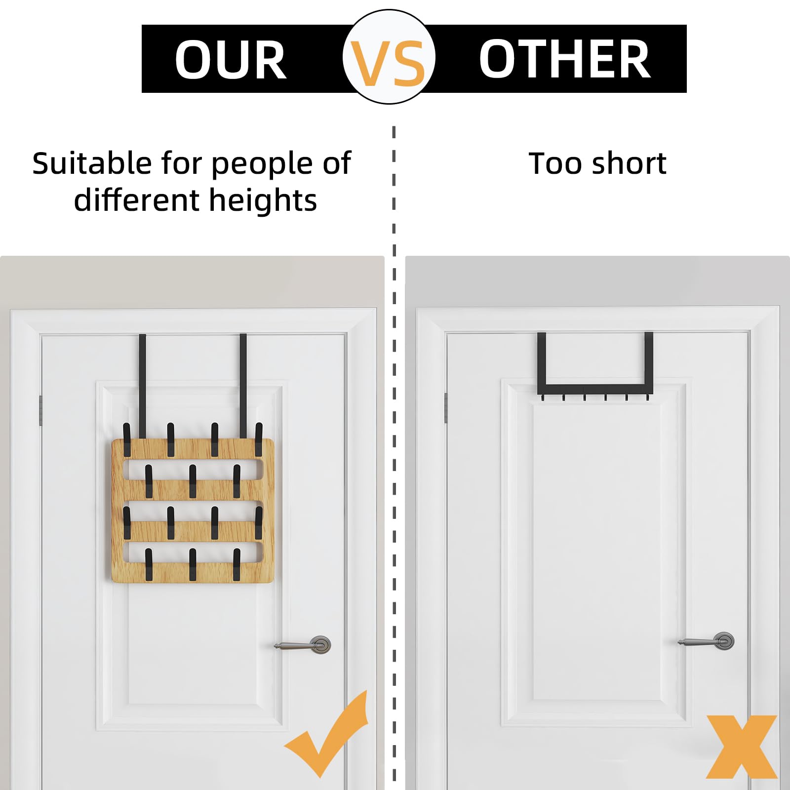 CHJgroup Over The Door Hooks Hangers Tower Rack, Heavy Duty, Non-Scratch, 14 Hooks, with Wooden Board, Towel Hat Coat Purse Bra Organizer for Bathroom Bedroom Kitchen, Matte Black