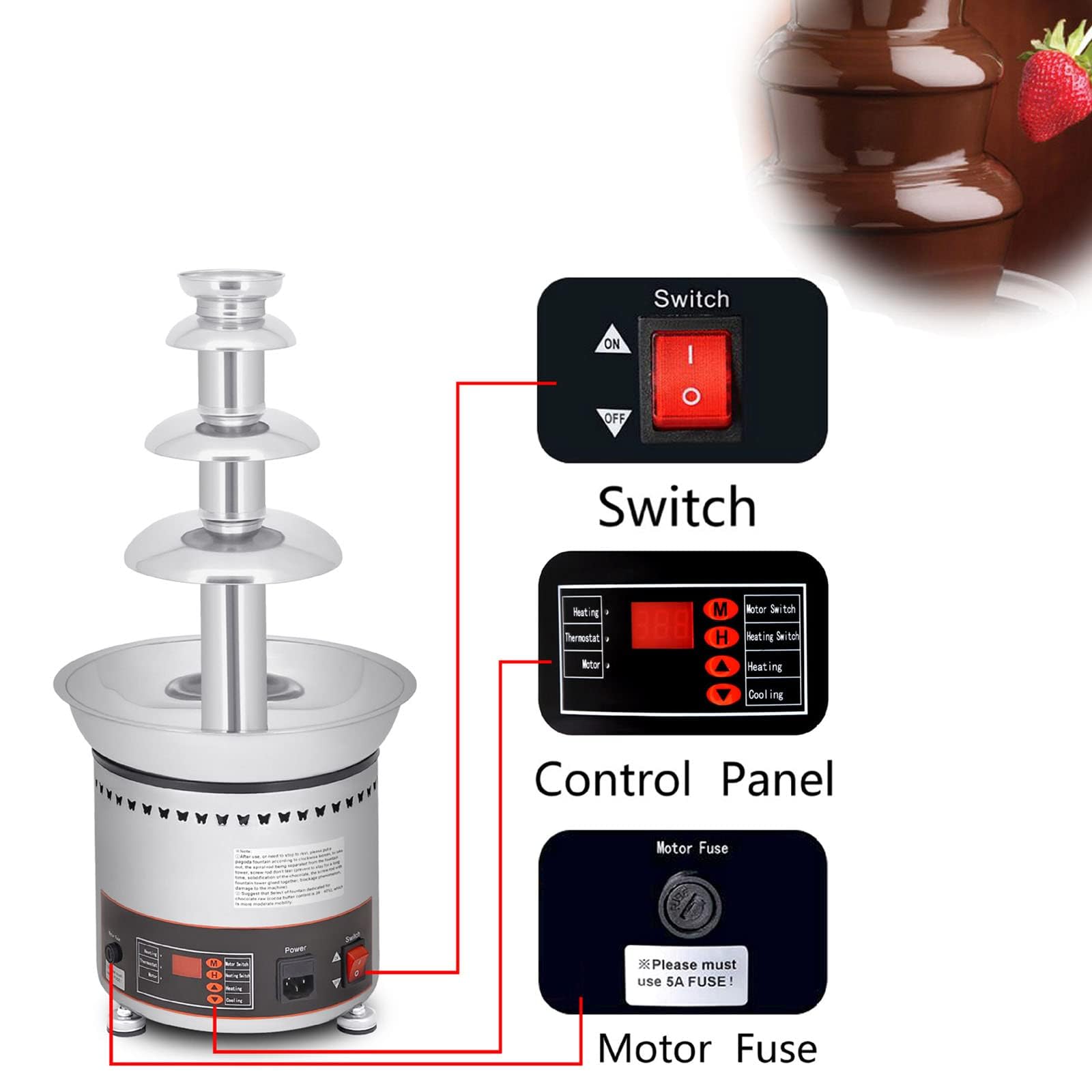 Máquina de Fuente de Chocolate, Cascada Comercial de Fondue de 4 a 7 Niveles con Control de Temperatura para Fiestas, restaurantes, Bodas, Equipos para Buffet, 4 ni,4 Tier