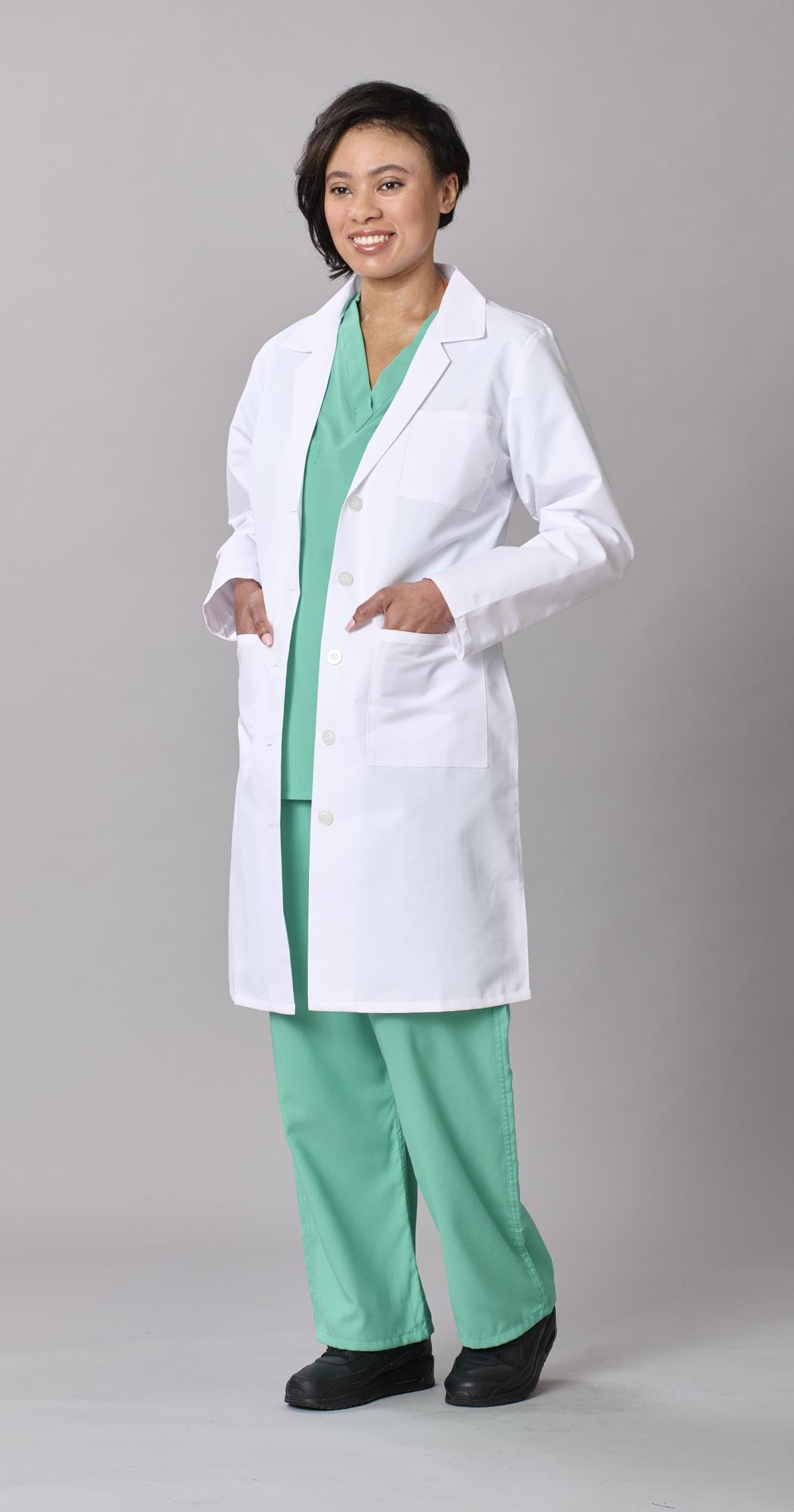 Medline Women's Lab Coat, Full Length, 5-Button Front with Long Sleeves, 3 Functional Pockets & Reinforced Pen Pocket, Professional Medical Coat for Women, White, XS, 1 Count