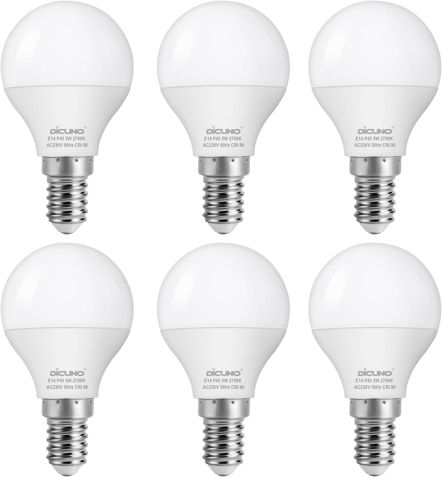 DiCUNO Ampoule LED E14, 5W équivalent 50W, Ampoule ronde P45 petit culot à vis, Blanc chaud