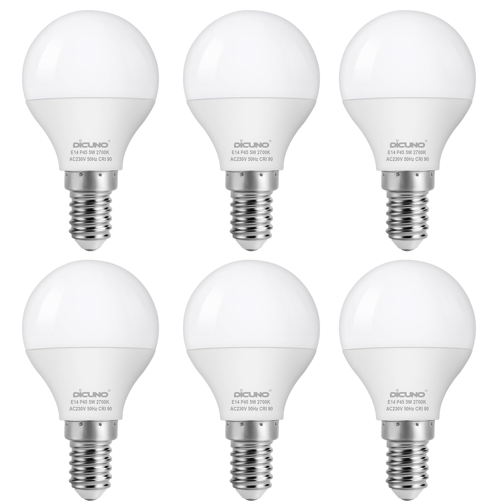DiCUNOE14 5W Small Screw Bulbs, 550LM, 50W Halogen Equivalent SES P45 Bulb, Warm White 2700K, E14 Golf Ball Lamps for Home, CRI90, Non-dimmable, 6Pcs