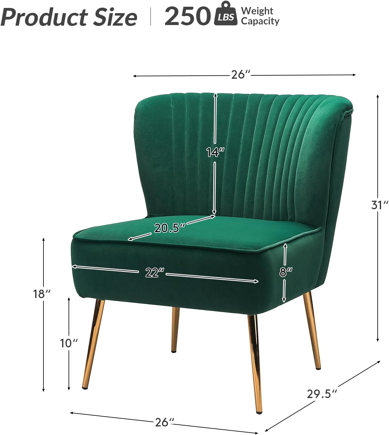 HULALA Home Velvet Accent Chair, Modern Upholstered Cute Side Chair with Gold Metal Legs, Armless Wingback Slipper Chair Comfy Living Room Chair for Bedroom Guest Room Vanity, Green