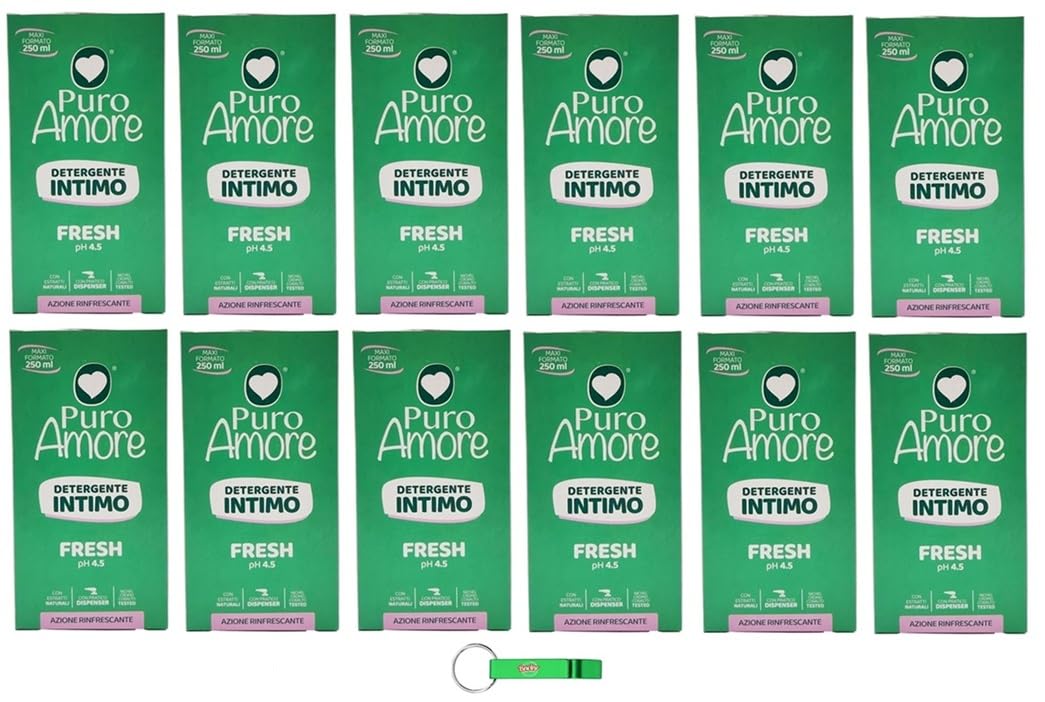 12x Puro Amore Intimreiniger Seife/Detergente Intimo Fresh pH 4.5 Erfrischende Wirkung 250ml + Beni Culinari Kostenloser Schlüsselanhänger