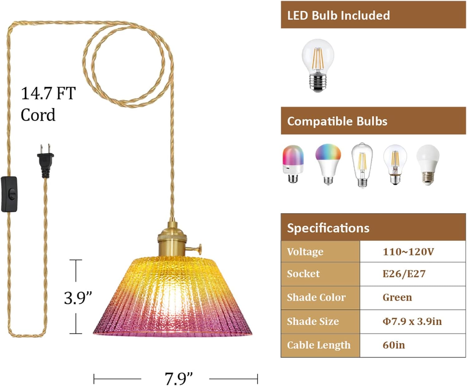 Glass Hanging Lamp Plug in Pendant Light Fixtures, Gold Pink Glass Vintage Pendant Lights Kitchen Island Dining Room Bedroom Living Room, LED Bulb Included