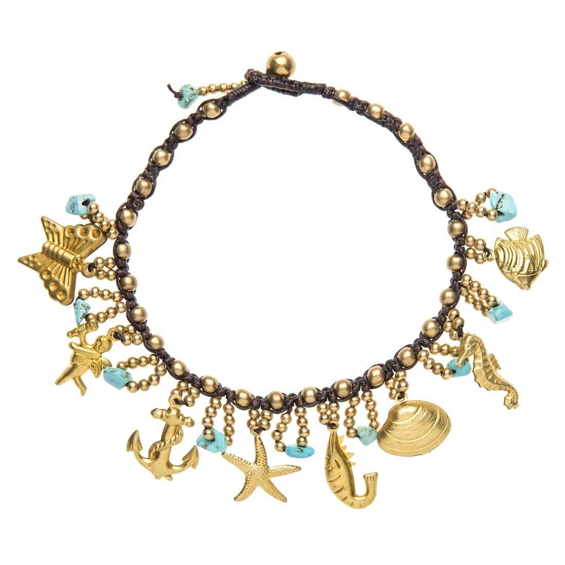 Women's Brass Gold Tone Simulated Turquoise Beach Bead Ankle Anklet Bracelet, 25 cm