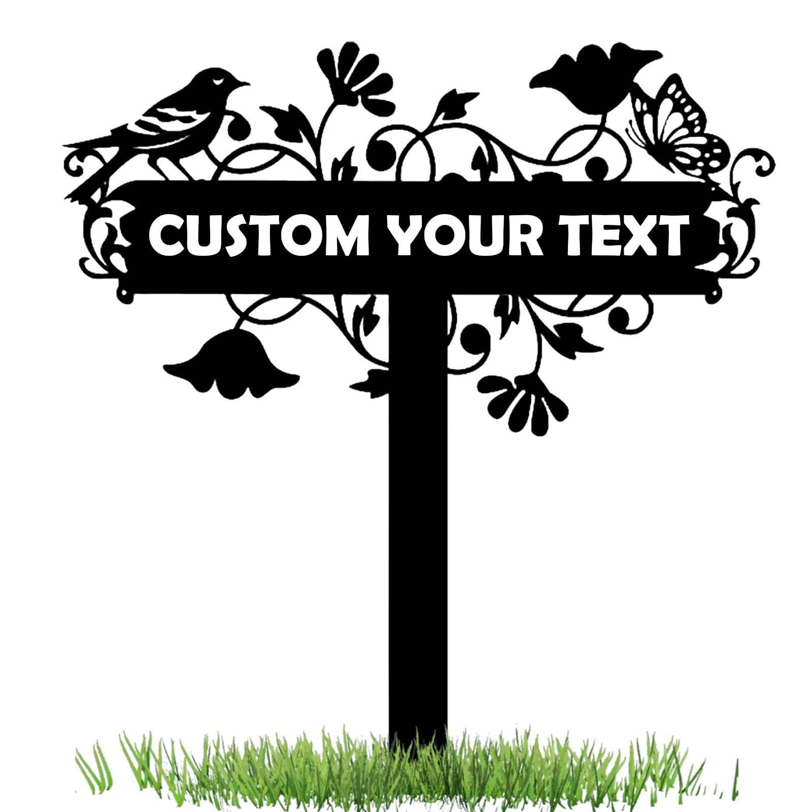 Personalised Garden Sign with Text, Custom-Designed Hollowed-Out Flower And Bird Metal Flower Stakes for Outside Gardening Gifts Welcome Plaque Decorate for Front Door Patio Lawn Outside