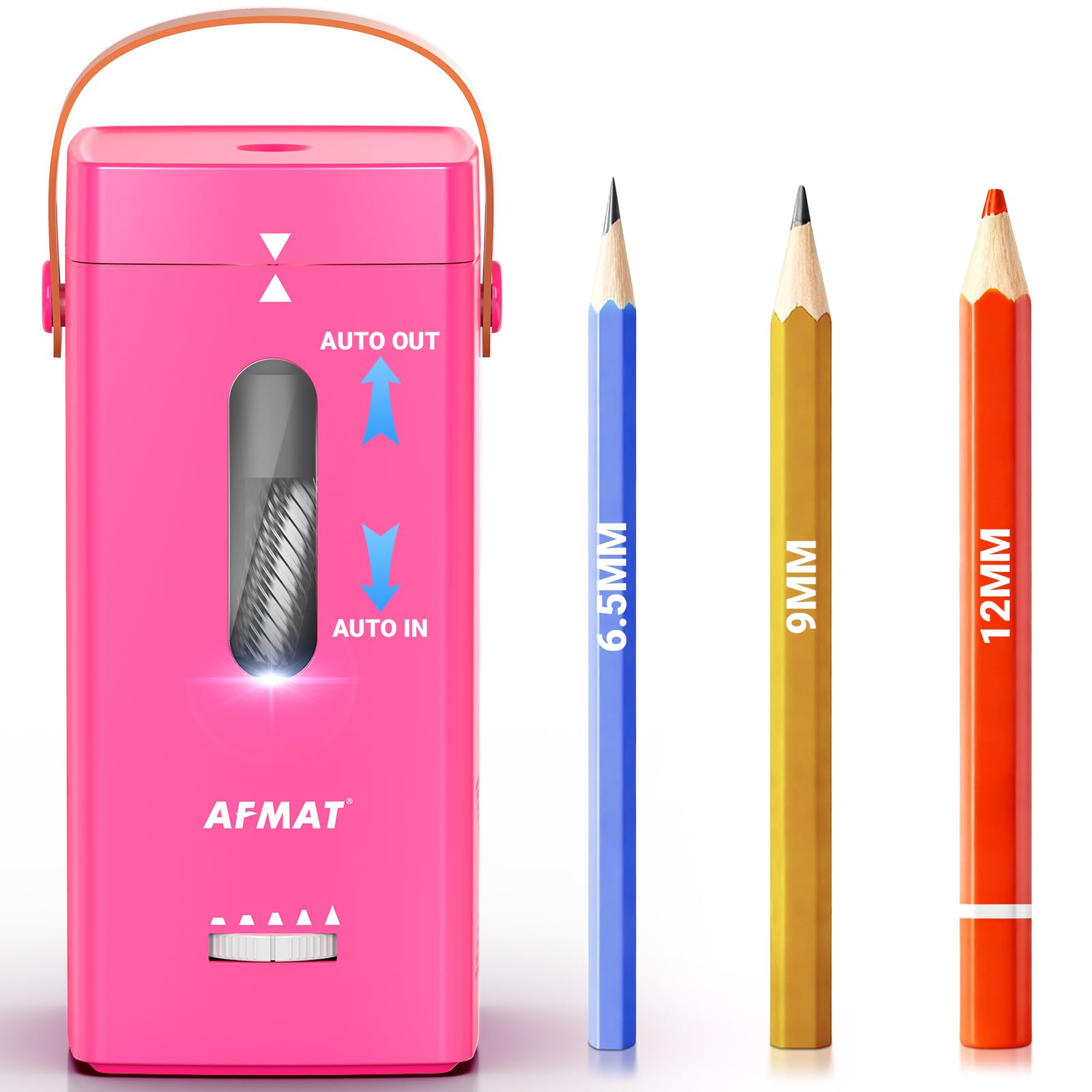 AFMAT Elektrischer Anspitzer, Vollautomatischer Anspitzer, Auto in & Out, Wiederaufladbarer Hands-Free Anspitzer für Jumbo & Buntstifte (6,5-12 mm), Tragbar für Zuhause/Klassenzimmer/Büro,Rosarot,PSC6