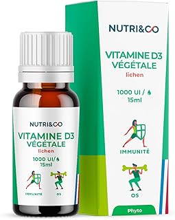 NUTRI & CO Vitamine D3 Végétale issue du Lichen 100% Naturelle - 1000 U.I par Goutte - 2000 UI/j - Flacon 15ml - Santé des Os & Immunité - pour Adultes et Enfants - Vegan Fabriqué en France