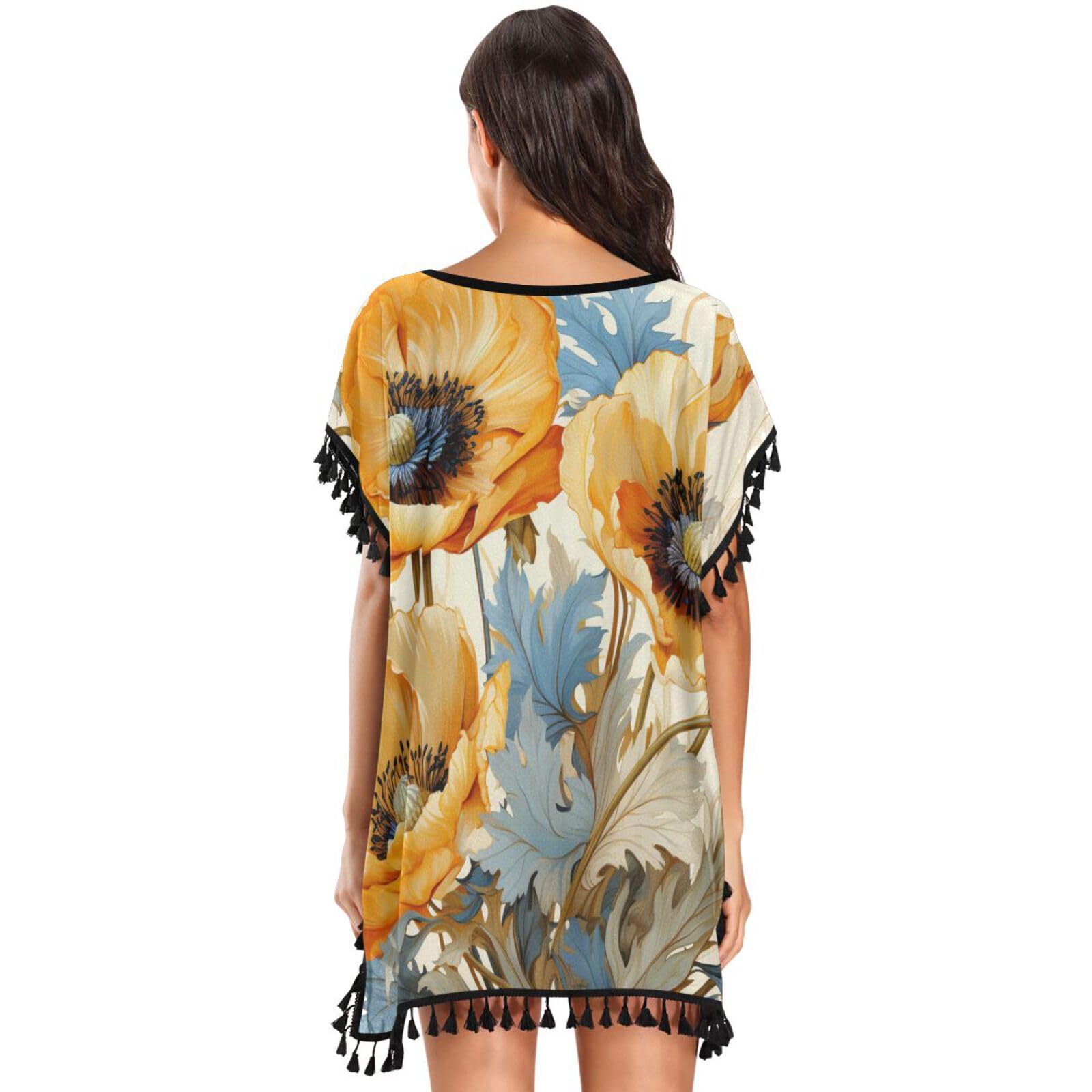 KAAVIYO Floral Pattern Watercolor Women's Beach Cover Up Chiffon Tassel Swimwear Swimsuit Coverups for Girl