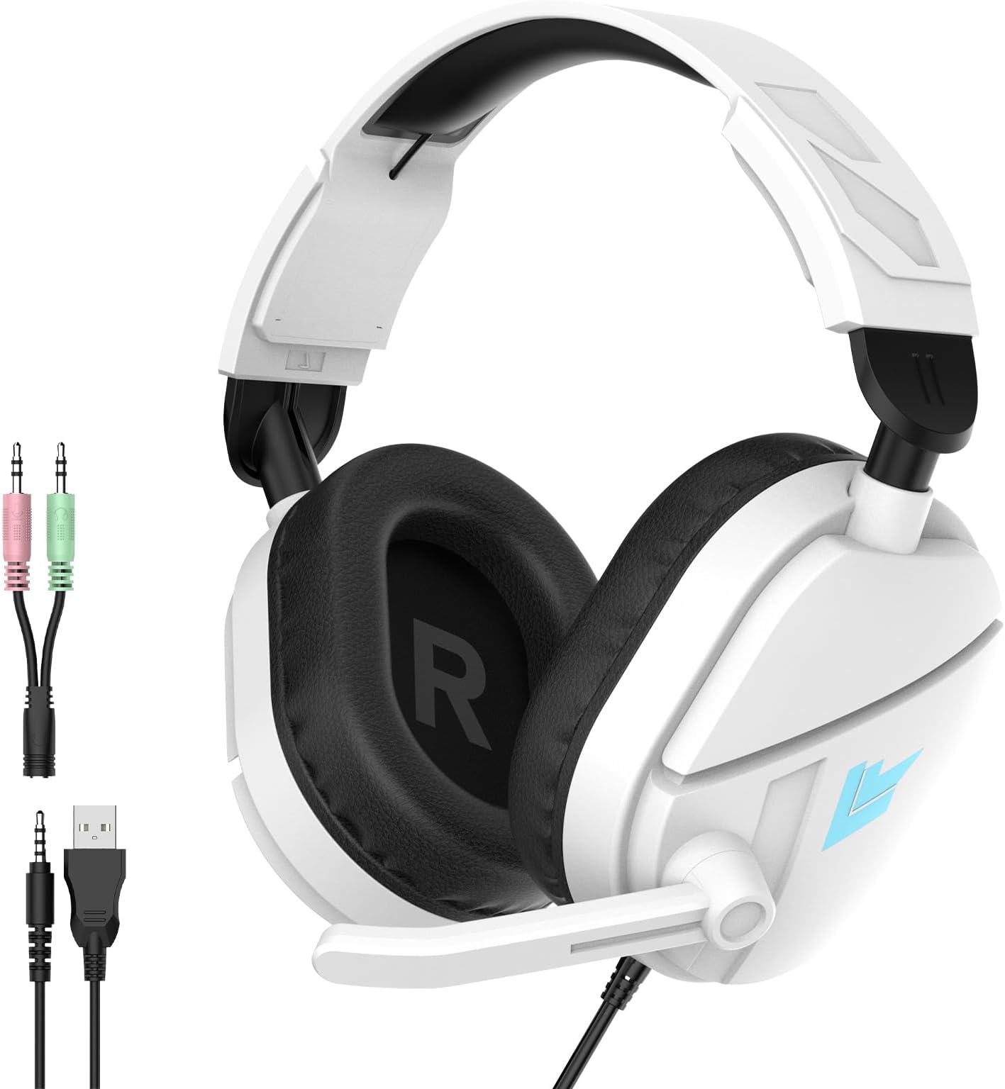 QXQ Wired Gaming Headset for PS5/PS4/PC/Switch, 3.5mm Over-Ear Headphones with Noise-Canceling Mic, RGB LED Light, Deep Bass Stereo Surround Sound, Soft Memory Foam Earpads, All-Day Comfort, White