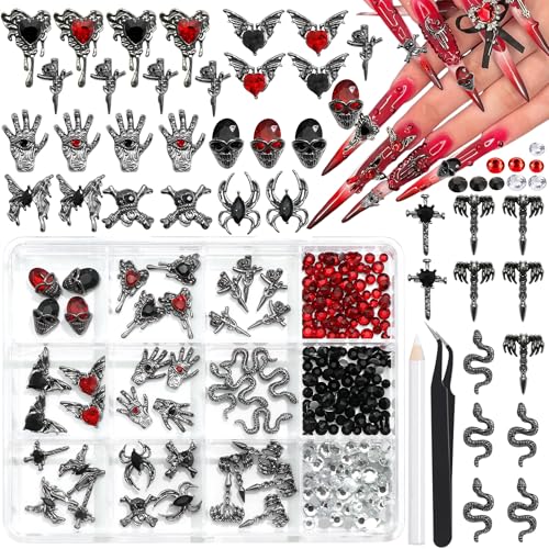 Image of RODAKY Halloween Nail Charms 3D Skull Ghost Charm Gems Cross Spider Snake Nails Art Jewelry Red Black Rhinestone Metal Bat Heart Decoration for Nail DIY Manicure Design
