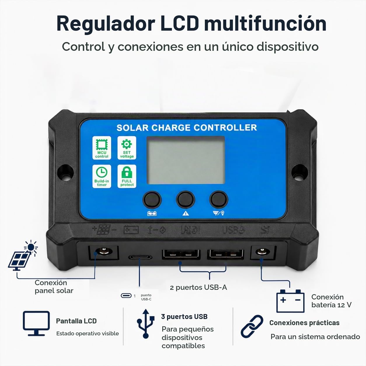 Cargador Solar 30W 12V para Baterías, Panel Solar con Controlador LCD 40A y 2 Puertos USB, Kit de Mantenimiento para Coche, Caravana, Barco, Moto y Camping, con Pinzas y Adaptador de Mechero