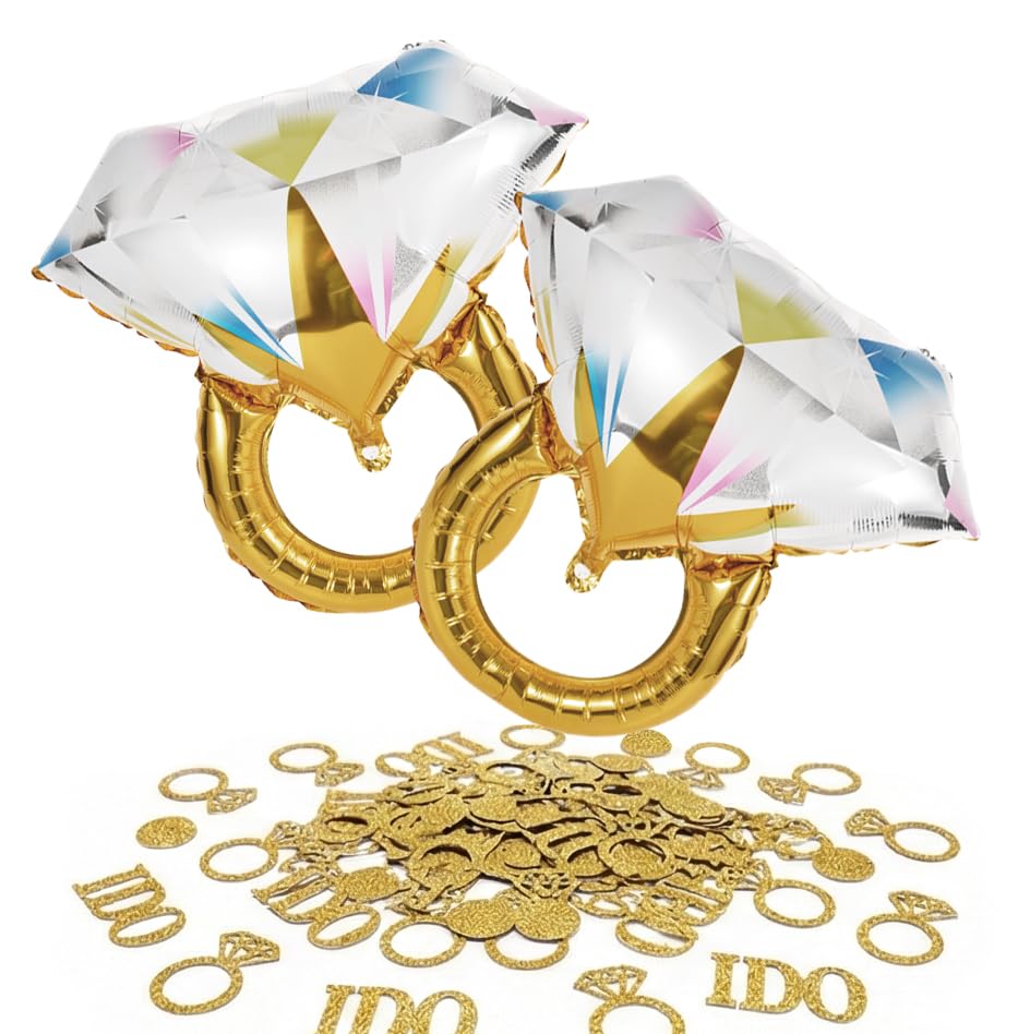 KATBUU Engagement Party Decorations Set - 2 Giant Diamond Ring Balloons + Gold Confetti Table Scatter Engagement & Wedding Party Supplies for Bridal Shower Bachelorette Anniversary Celebration