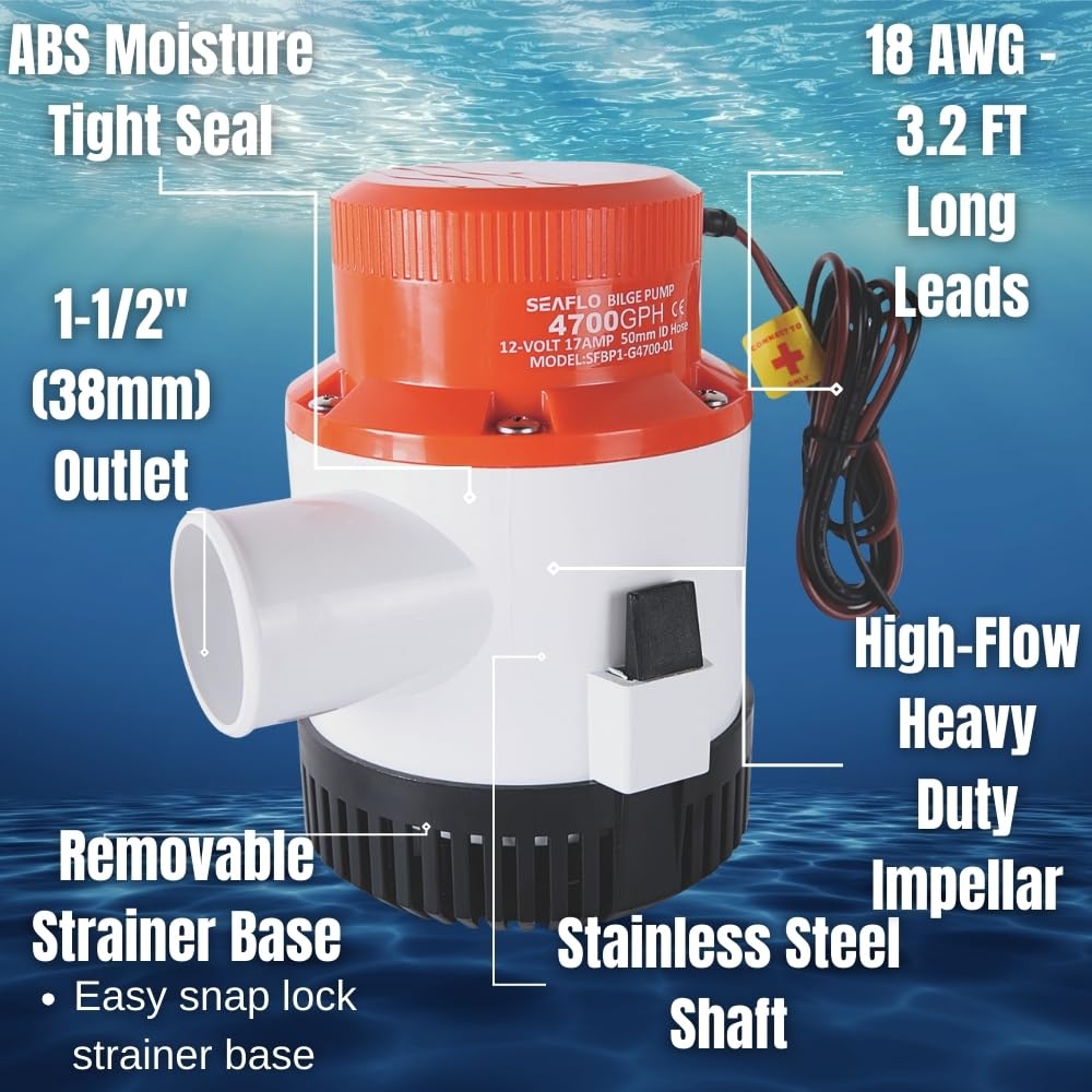 SEAFLO 01 Series 4700 GPH Bilge Pump, 12V, 2" Outlet, Marine Submersible Pump, Anti-Airlock Protection - Image 3