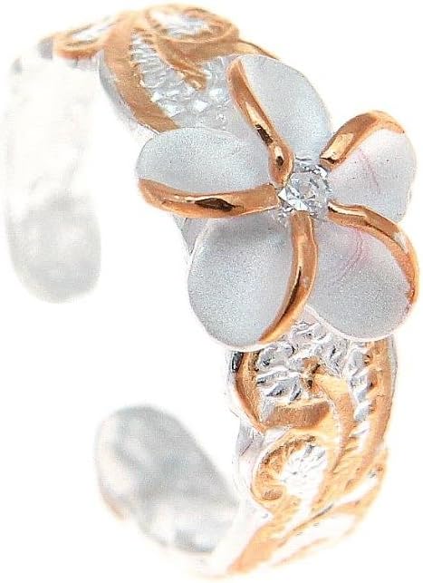 Arthur's Jewelry 925 sterling silver 2 tone pink rose gold plated 8mm Hawaiian scroll plumeria flower cz toe ring