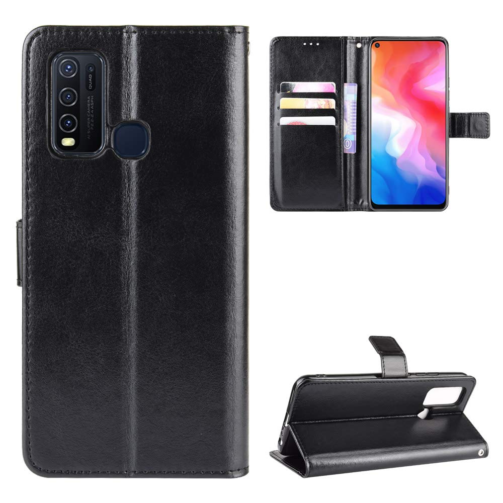 QiongNi Leather Flip Wallet Case for Vivo Y30 2020, Black, Lightweight, Card Slot