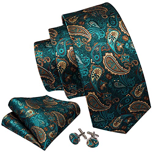 Image of Barry.Wang Men Tie Set Paisley Silk Necktie Pocket Square Cufflinks Formal Wedding Business Party