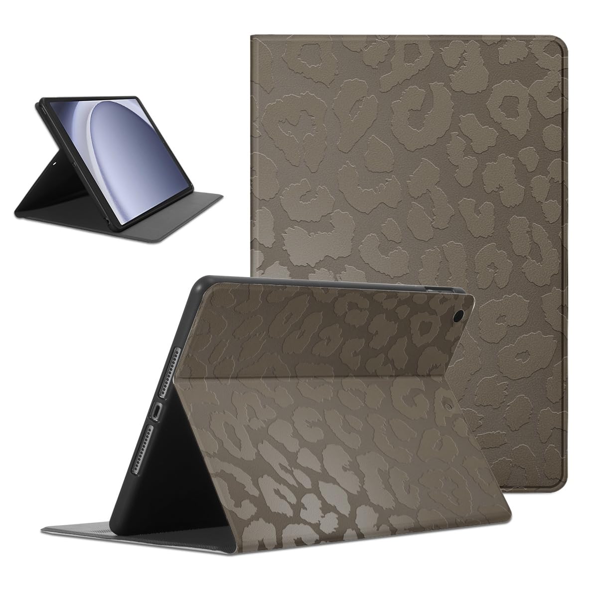 Coalbooliy Hülle für Samsung Galaxy Tab A9, Aesthetic Leo Leopard Motiv Design Ultra Dünn Leicht SchutzHülle Cover mit Standfunktion TPU Rücken Slim PU Leder Smart Folio Tablet Case, Khaki