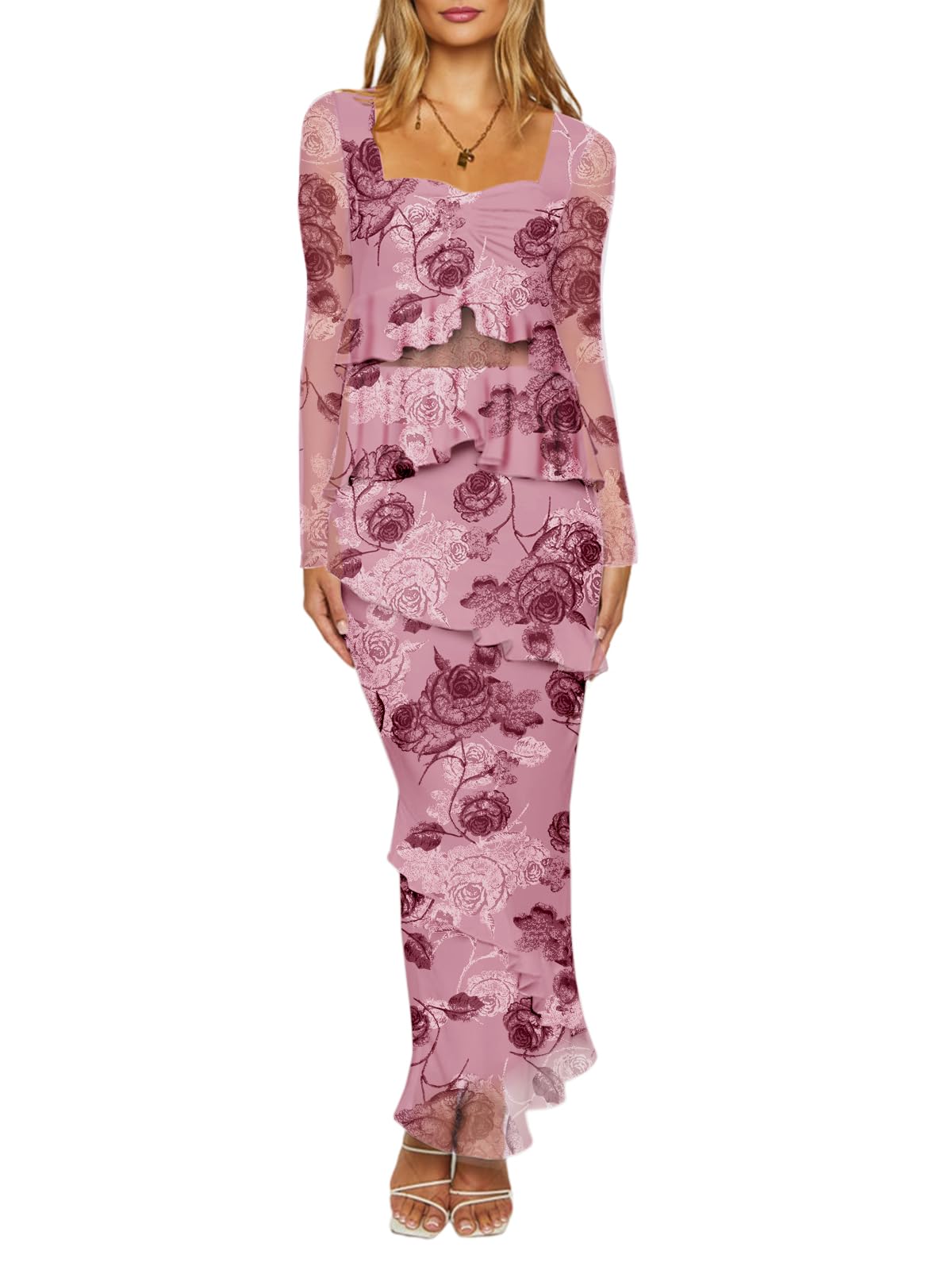 SEBOWEL Ensemble deux pièces en maille florale pour femme - Jupe à manches longues froncée - Jupe moulante à volants - Robe de cocktail formelle